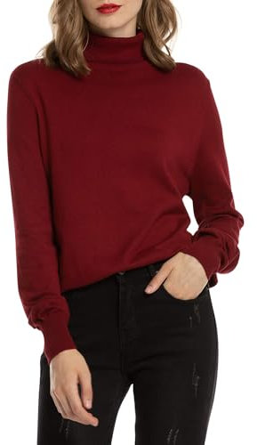 Woolen Bloom Women Polo Neck Jumper Ladies Turtleneck Sweater Long Sleeve Chunky Knit Tops Pullover Knitwear Sweatshirt Red Wine