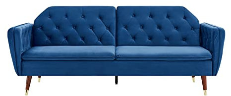 Bravich 'Victoria' 3 Triple Seater Velvet Fabric Sofa Bed- Deep Blue. Click Clack Mechanism Sofa Bed With Gold Accent Legs. Living Room Furniture For Adult Guest Bed. Comfy Living Settee Couch Futon