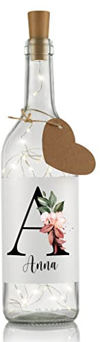 LIEBTASTISCH Flaschenlicht Personalisiert - Namens-Flaschenlicht mit Blumen Muster - mit Ihrem Anfangsbuchstaben und Namen - Geschenke für Frauen - LED Beleuchtung Dekolicht