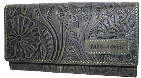 Fregery hochwertige Vintage Leder Damen Geldbörse Portemonnaie langes Portmonee Geldbeutel aus Leder von außen - 18,5 x 9,5 x 3,0 cm (B x H x T) Hill Burry Kollektion (Grün)