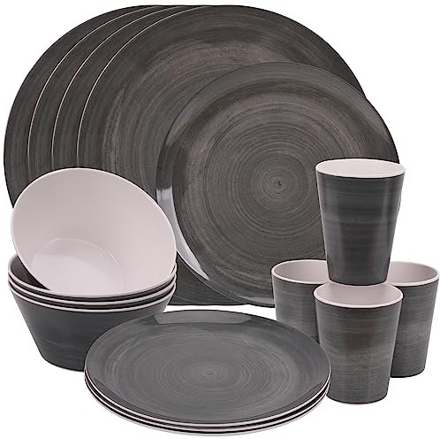 Trimming Shop 16pcs Dinner Set | Plates, Dessert Plates, Bowls & Cups | Melamine Dinner Set | Party Dinnerware | Service Set for 4 | Unbreakable Dinnerware Set for Indoor Outdoor, Picnic & Camping