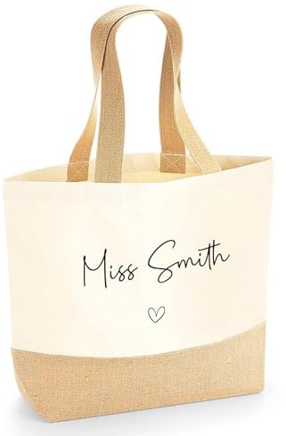 Personalised Teacher Bag with Custom Name, Hessian Jute Teacher Tote Bag, End Of Term Gift Thank You Gift for Teachers Assistants, TAs & Nursery Staff, Teacher Stuff Bag Present (Name & Heart, Large)