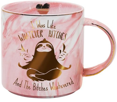 SUUURAOO Lustige Yoga Faultier Kaffeetasse I was like what atever B and The B Whatevered, Faultier Yoga Humor Kaffeetasse Geschenk für sie Frauen Freundin Lady Sisters BFF, rosa Marmor Keramik
