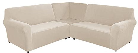 TIUTIU L-Form Sofahusse 5/7-Sitzer Eckcouch Cover, Elastischer Ecksofabezug Mit Anti-rutsch Schaumstoffankern, 3-teilige Dicker Plüsch Samt Schonbezug (Beige,7-Sitzer)