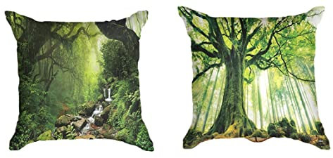 Ulticool - Kissenhülle - Natur Bäume Wasserfall - Set von 2 Motiven – 45 cm x 45 cm - Dekokissen ohne Füllung - Kissenbezug Zubehör für Sofa/Bett - Grün