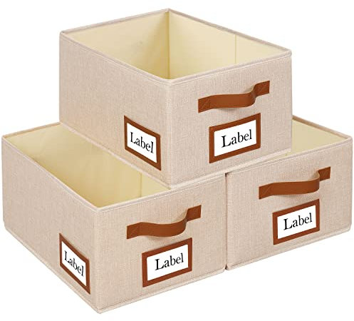 OUTBROS 3 Stück Aufbewahrungsboxen Stoff, Faltbare Aufbewahrungskiste Organizer mit Griff, Groß Aufbewahrungskorb Ordnungsboxen für Kleiderschrank, Kleidung, Bücher (40 x 30 x 20cm, Beige)