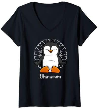 Damen Meditation Pinguin - Yoga Pinguin T-Shirt mit V-Ausschnitt