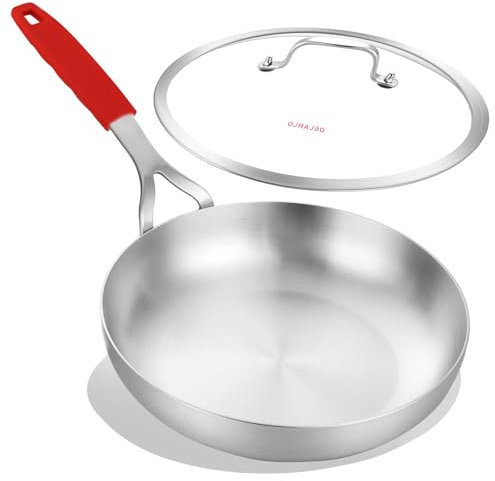 DELARLO Tri-Ply Stainless Steel 8 inch Frying Pan with Lid, Oven Safe Induction Skillet, Suitable for All Stoves Up to 600℉（Lids 300℉）