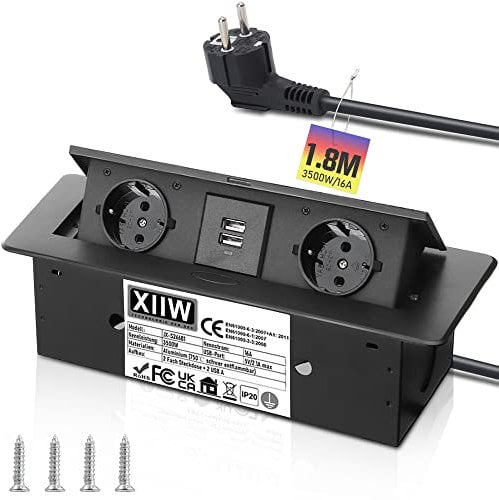 Aluminium Versenkbare Einbausteckdose, 3500W/16A, 2 Fach Tischplatte Versenkte Steckdose mit 2 USB, Tischsteckdose Mehrfachsteckdose für Arbeitsplatte Küche Büro, Steckdosenleiste mit 1.8M Kabel