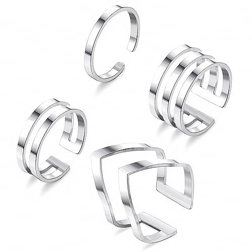 IUDWCG - 4 Pcs Edelstahl stapelbarer Ring, Öffnung verstellbarer Frauen Ring mittlerer Länge, CZ einfache Twist Ring, Komfort Größe, Silber