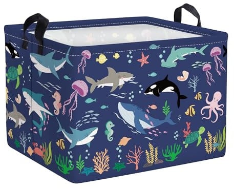 Clastyle Meerestiere Würfel Aufbewahrungskorb für Babyzimmer Hai Wal Blau Wasserdicht Rechteckig Stoff Regalkörbe Kleidung Spielzeug Kinder Aufbewahrungsbox, 40x30x30 cm