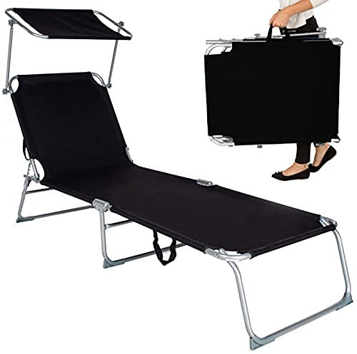 SilteD Ultraleichter Campingstuhl, Terrassen-Chaiselounge, Verstellbarer Garten-Strandstuhl mit Baldachin, robuste, zusammenklappbare Liegewiege zum Sonnenbaden, für Balkon am Pool im Freien, Schwarz