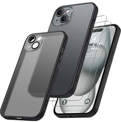 Qasyfanc Matt Handyhülle Kompatibel mit iPhone 15, Hülle mit Kameraschutz und 2 Stück Schutzfolie, Hard PC Nie Vergilbung Case Militärschutz Kratzfest rutschfest Schutzhülle, Leicht Klar Schwarz