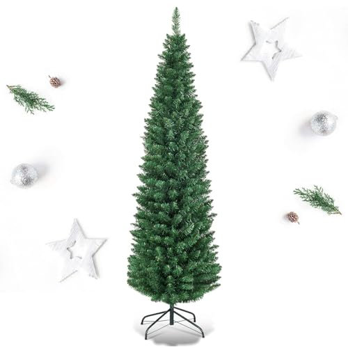 RELAX4LIFE Albero di Natale Slim 150/180/210/240 cm, Stretto e Alto, Rami Folti in PVC, Base in Metallo Pieghevole in Ferro,Albero Natale Artificiale Verde (180 cm)