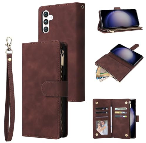 QLTYPRI Hülle für Samsung Galaxy S24, Premium Leder Handyhülle mit Große Kapazität 6 Kartenfach & 1 Reißverschluss Tasche Ständer Schutzhülle für Samsung Galaxy S24 - Kaffee Braun