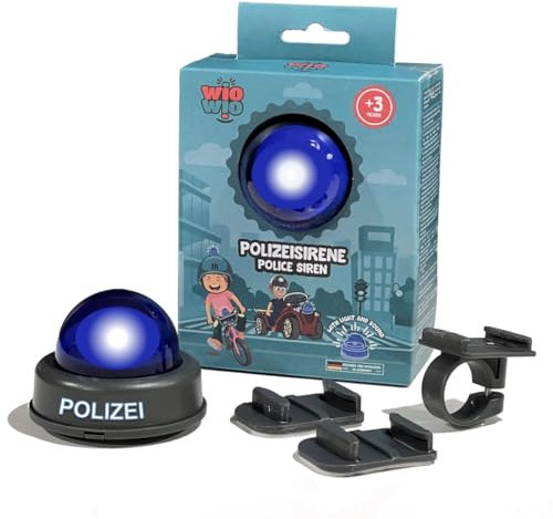 wiowio Polizei Sirene für Kinder, Blaulicht mit Halterung für Helm, Rutschauto, Lenker, Fahrrad, Roller, Geschenk Spielzeug ab 3 Jahre