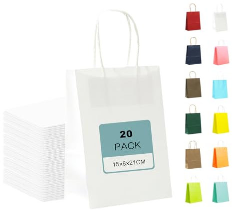 MORAINJAY 20 Stück Geschenktüten mit Henkel,Kraftpapiertüten,15x8x21cm Weiß Papiertüten für Geschenkverpackung,Gastgeschenke Tüten für Einkaufen,Hochzeiten,Verpackungen,Kindergeburtstag