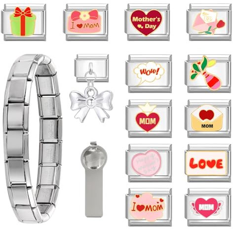 Greenyre 15PCS Italian Charm Bracelet Set,Armband mit italienischen Stil Charms für damen, italian charms 9mm Edelstahl Modul Armband,geschenk für frauen freundin,Muttertag-Geschenkideen für Mama