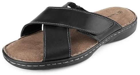 TIESTRA Sandali da Uomo in Vera Pelle con Nastro Magico e Dita a Vista,Pantofole Estive,Morbide e Casual,Antiscivolo,Suola in Gomma,Spiaggia Esterna Marrone