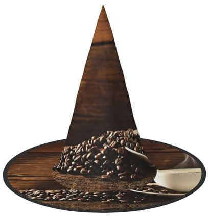 JEJEA Coffee Cup And Coffee Beans Print Halloween Hanging Witch Hats,Hanging Wizard Hat Floating For Party Porch Yard Decor-1pcs