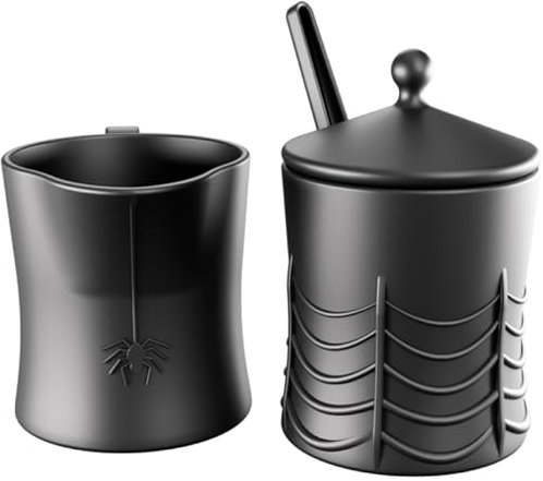 Nomnu Zucker- und Sahnekännchen-Set, Schwarz, Spinnennetz, Keramik, Zuckerdose mit Deckel und Löffel, Kännchen, Gothic-Dekor, perfekt für Gothic-Liebhaber, inkl. Spider-Prägung