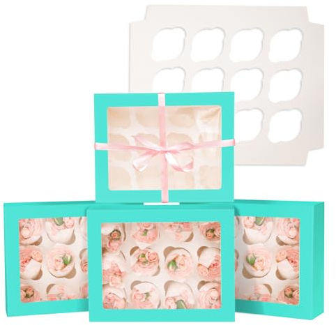 Gcardist Auto-pop Up 12 Cupcake Boxes with Window Mint Blue 6 Packs Cupcake Box 33x25.4x9cm Bakery Boxes For Cupcakes Carrier, Cupcake Containers