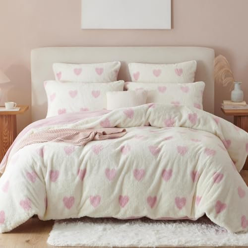 Sacebeleu Winter Bettwäsche 200x200 Plüsch Langhaar Flauschig Flanell Biber Bettbezug Rosa Weiß Herzen Winterbettwäsche Warme Bettbezug und 2 Kissenbezug 80x80cm mit Reißverschluss