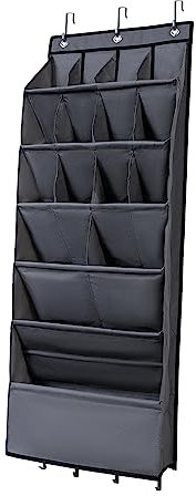 Zapatero para colgar sobre la puerta con 16 rejillas para zapatos, sombreros y ropa, color gris