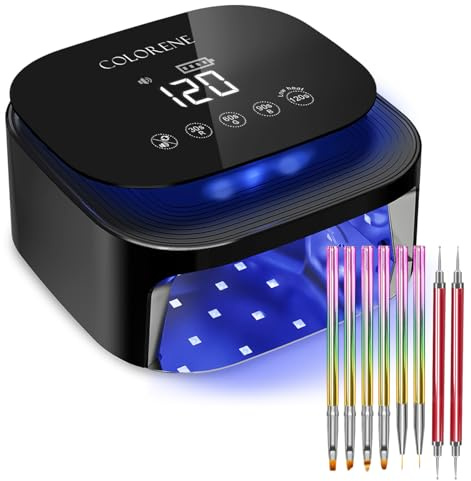 Cordless UV LED Nail Lamp with 6 Nail Art Brushes and 2 Dotting Pens, 60W Rechargeable Nail Dryer Gel Polish Light, Auto Sensor and LCD Display, Portable 30 Beads LED Nail Light with 4 Timer Setting