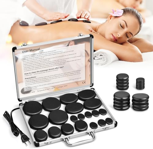 Hot Stone Massage Set, Massagesteine Set aus Basalt mit Tragbar Heizkoffer, Hot Stone Wärmegerät für Privatanwender, Massagetherapie, Spa, Entspannung (20)