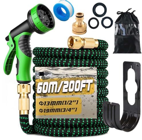 Gziztx 200FT/60M Expandable Garden Hose Flexible Magic Garden Hose Pipe with 3/4 1/2 Fittings, 10 Function Spray Nozzle, 3-Layer Latex Tube (Black+Green)