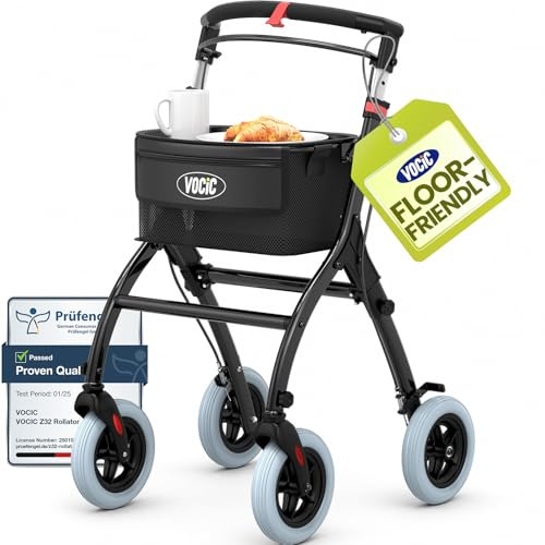 VOCIC Z32 Lightweight Indoor Rollator Walker with Tray, Quiet Tyres, 6.6kg | Aluminium Narrow Foldable Mobility Walker with 20cm Quiet Soft Tires for Indoor, Floor-Friendly, Support to 110kg, Black