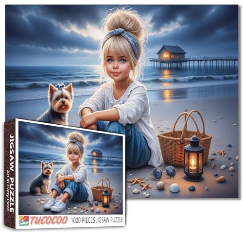 Tucocoo 1000 Teile Puzzle für Erwachsene, Mädchen und Yorkshire Terrier am Mondschein Strand - Gemütliche Seaside Puzzles, DIY Puzzles für Heimdekoration, friedliches Strand-Puzzle-Geschenk für Frauen