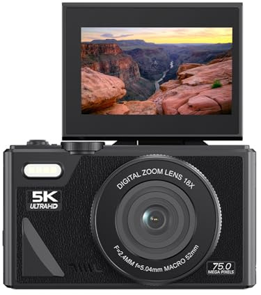 VBESTLIFE 5K Digitalkamera, WLAN 75MP Vlogging -Kamera für YouTube, Autofokus -Kompakt -Reise -Videokamera 3 180 ° Flip -Bildschirm mit 18 -facher Zoom (Black)