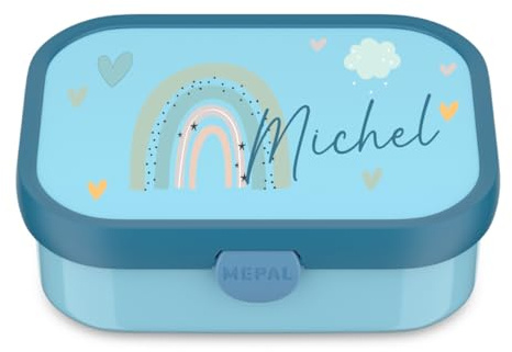 Mepal Lunchbox Campus personalisiert, Brotdose Regenbogen Kinder mit Fächern, Brotzeitdose mit Name bunt bedruckt (blau)