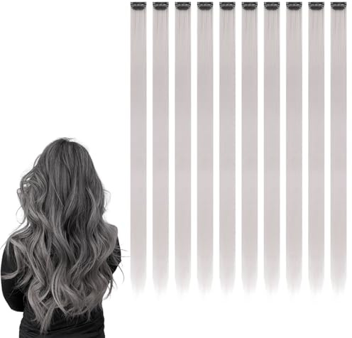 10Pcs Colored Clip in Hair Extensions, 22 Inch Colorful Highlights Hairpieces, for Kid Girls Women Party Hair Decor (Grey)