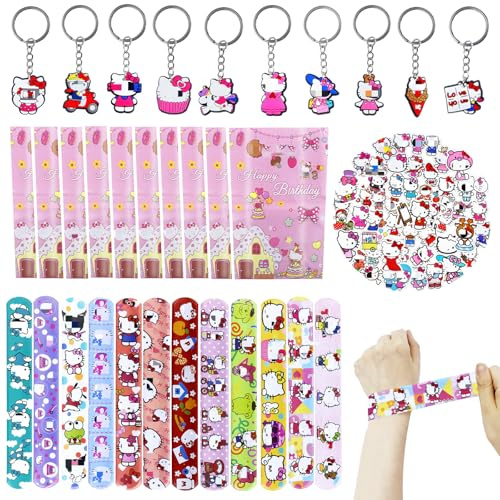 82 Stück Ki-ty Party Mitgebsel Kindergeburtstag, Rosa Cat Geburtstag Deko Geburtstag Mitgebsel 10 Geschenktüten 50 Stickers 10 Schlüsselanhänger 12 Schnapparmband Kinder Jungen Mädchen Geschenke