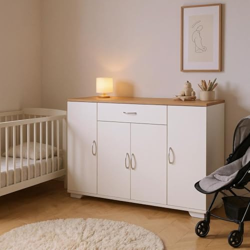FurnitureR Weiße Kommode, Modernes Design mit Vielseitigem Stauraum für Baby- & Kindermöbel, Langlebige MDF-Konstruktion, Einfach zu Montieren, Platzsparende Lösung für Zuhause