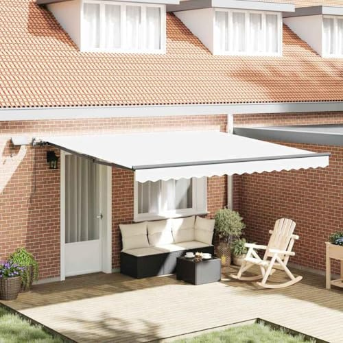 Owoxanthellate Einziehbare Markise 400x350 cm Weiß mit LED Beleuchtung UV Schutz Stoff Manuell Kurbel Modernes Sonnenschutz für Balkon Terrasse und Garten