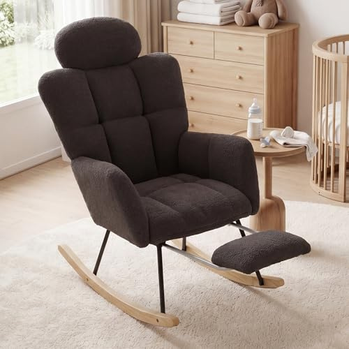 DEKKETO Fauteuil a Bascule Allaitement avec Repose-Pied et Appui-tête Gris | Rocking Chair en Tissu Bouclette, Chaise à Bascule pour Salon, Chambre Bébé, Fauteuil Relax Confortable, Pieds en Bois Massif