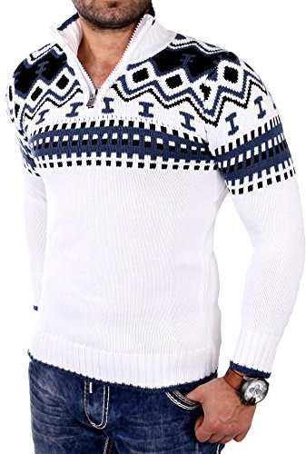 Reslad Pull d'hiver en tricot à col rond et fermeture éclair pour homme - Pull norvégien RS-3110, Blanc., M