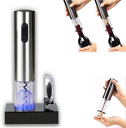 Sacacorchos Eléctrico - Incluye Cortador de Precinto y Base Recargable - Acabado en Acero Inoxidable - Abre hasta 60 Botellas en una Sola Carga - Color Plateado - Silvano
