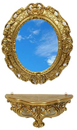 Ideacasa Completo Specchio Ovale più Mensola Consolle Oro Stile Barocco Finto Vintage Dorato