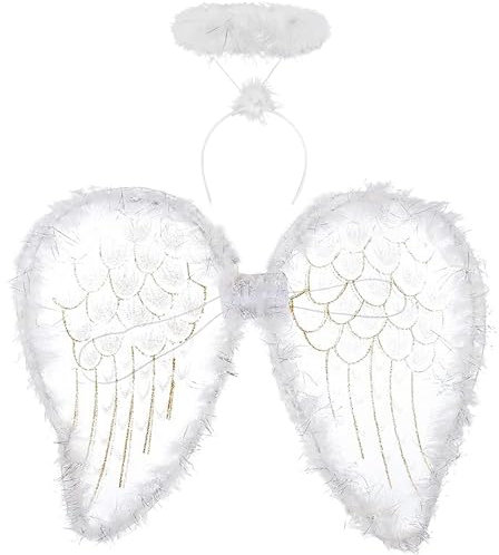 Alas de Ángel y Diadema con Halo - Disfraz de Alas de Hada con Purpurina Dorada y Corona - Alas Blancas para Disfraz de Ángel de Niña para Fiestas de Navidad y Halloween y Funciones Escolares