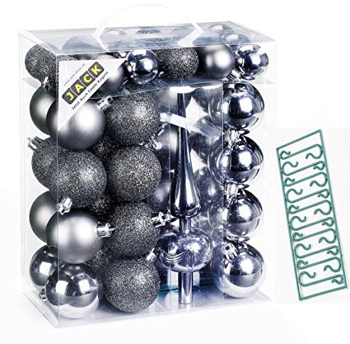 JACK by Inge 47x Kunststoff Kugel Christbaumkugeln Ø 4+6cm mit Spitze + Haken Glanz Glitzer Matt, Farbe:Grau
