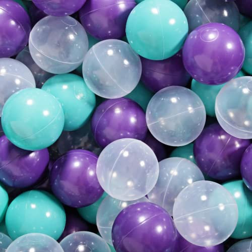 MEOWBABY 100 ∅ 7Cm Balles pour Piscine Ŕ Balles Bébé Adapté aux Enfants Plastiques Boule pour Bebe Parc Jouets pour Les Tout-Petits Fabriqué en UE Colorées Turquoise/Transparent/Violet
