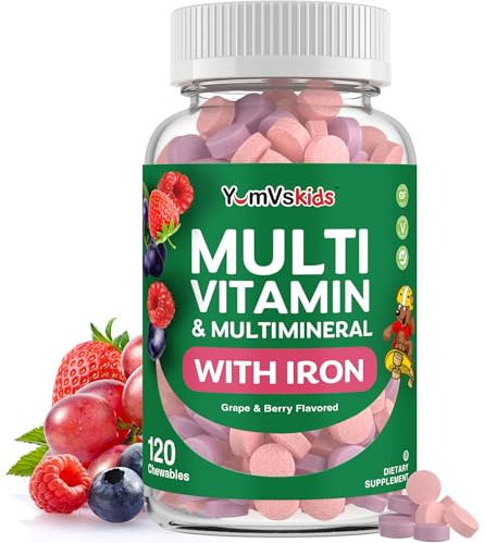 YumVs Kids Multivitamin with Iron & Minerals Chewable Tablets – Grape & Berry Flavor Vitamins for Toddlers & Children Age 2+ – Daily Multivitamin for Immune Support – Kosher, Non-GMO – 120 Chewables