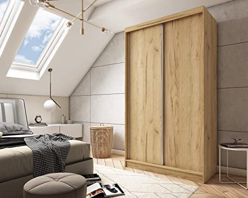 WFL GROUP Moderner Kleiderschrank mit Spiegel Holz 120 150 180 200 cm - Braun Schwebetürenschrank für Schlafzimmer mit Schiebetüren - Kleiderstange - Eiche Craft Golden - 120 cm