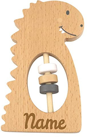 Elefantasie Rassel Spielzeug Dino aus Holz personalisierbar mit Name Baby Geschenk mit Gravur