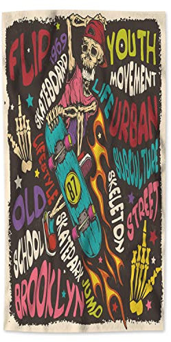 AOYEGO Skelett-Handtuch, Vintage-Doodle-Skelett im Skateboard mit Sternen, Totenkopf-Zitat, dekorativ, weich, sehr saugfähig, Badetücher, Zuhause, Hotel, Spa, Badezimmer, Handtuch, 38,1 x 76,2 cm